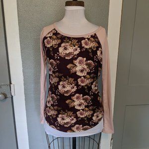 Rue21 black and pink floral long sleeved baseball tee, size small